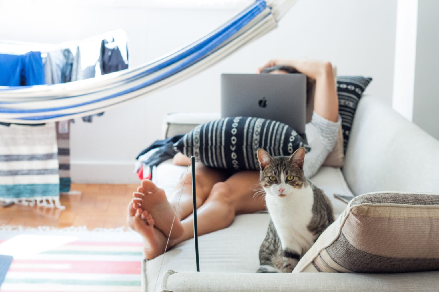 A person lying down with their cat, researching the challenges of managing a remote workforce.