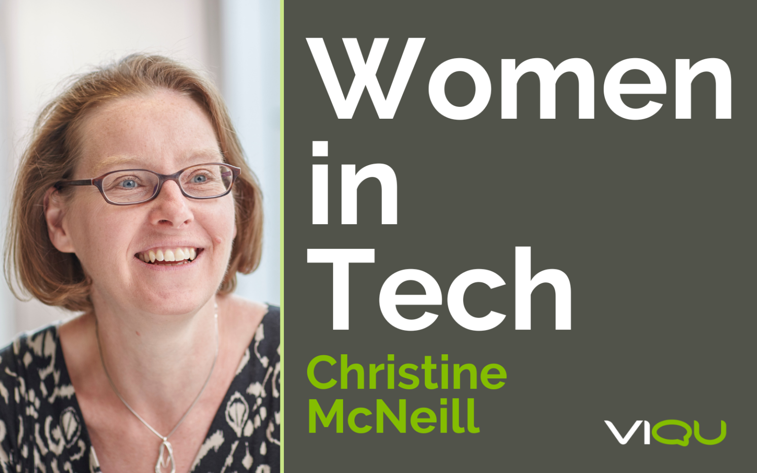 Supply chain specialist Christine McNeill looking into the distance next to wording that says 'Women in Tech 2023'