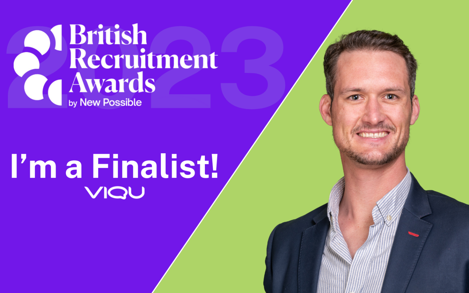 Matthew Hill smiling at camera next to a logo for the British Recruitment Awards