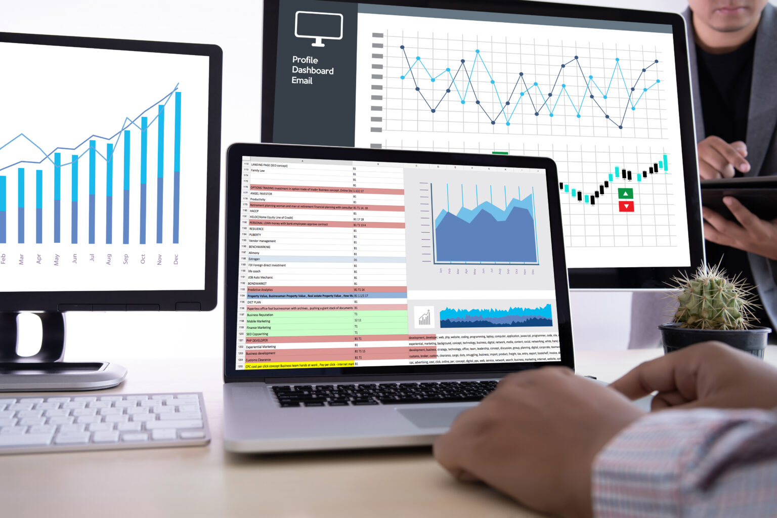 Graphs on the screen as an MSP in recruitment specialist analyses your current hiring strategy